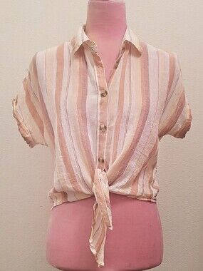Thread & Supply Short-Sleeve Tie-Front Button Shirt - Cream & Tan Stripes